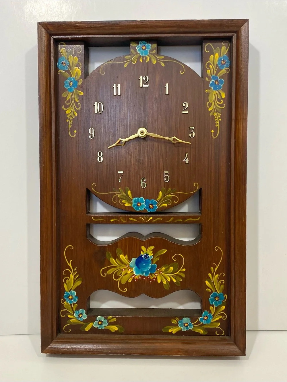 Hand-Painted Scandinavian Wooden Wall Clock with Blue Floral Design